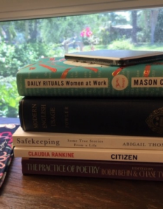 Stack of books on desk